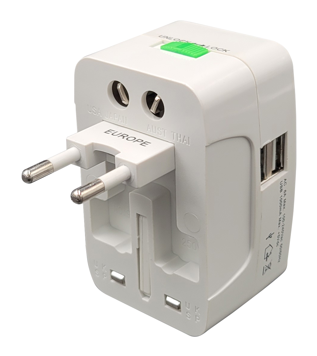 Adattatore da viaggio europa-regno unito-usa con 2 USB, Mod. MK-931L