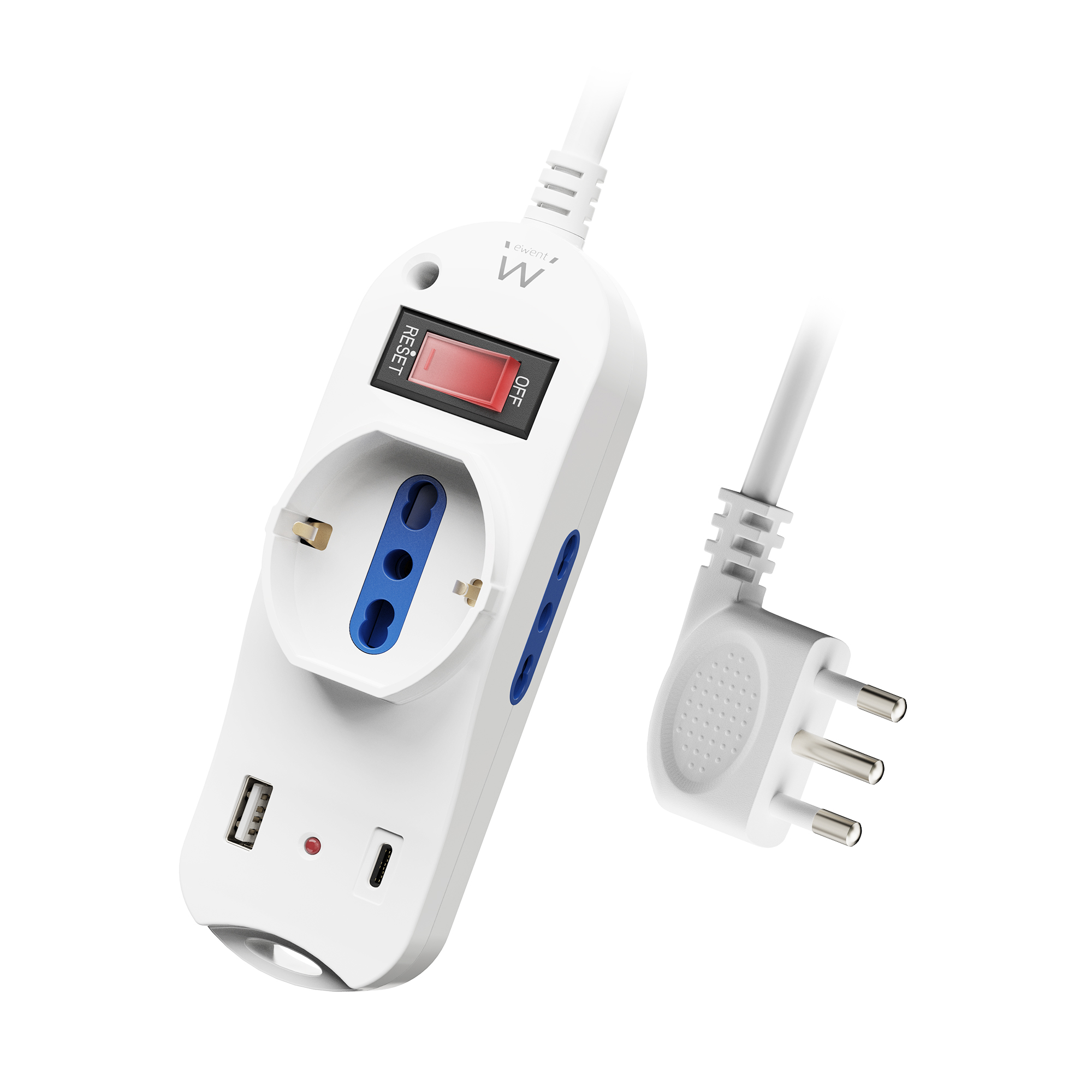 EW3875 - Multipresa da tavolo a 3 vie con 1 caricabatterie USB e 1 caricabatterie USB-C, con spina italiana salvaspazio da 10 A