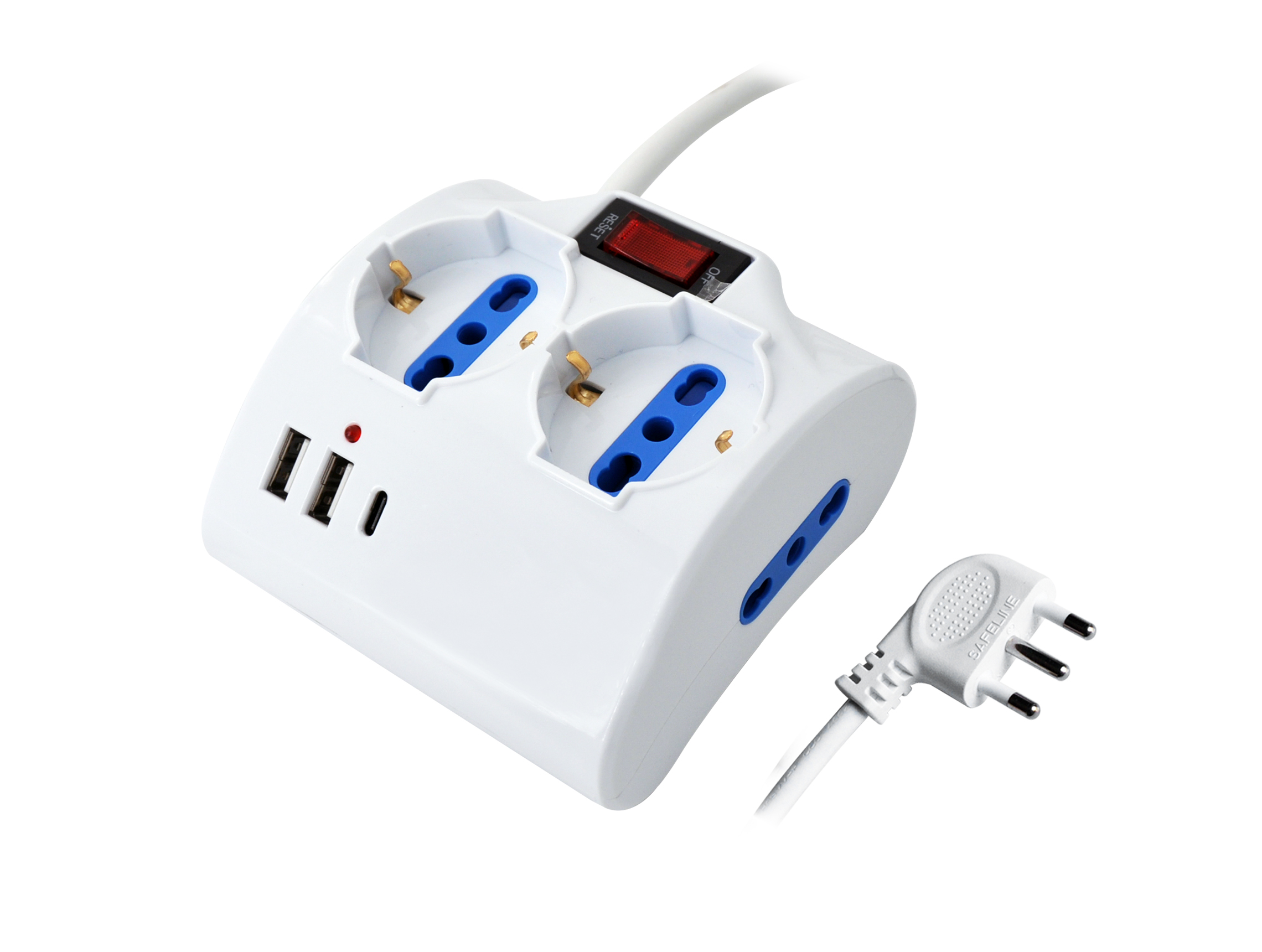 MK2607 - Multipresa bianca da scrivania con interruttore, 2 prese bipasso 10/16A + 2 prese bipasso schuko + 2 USB-A e 1 USB-C, spina 90° 16A 2P+T cavo 1,5mt