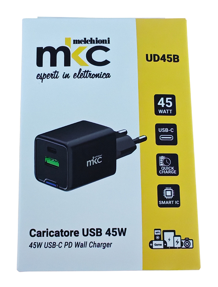 Caricabatterie USB GAN 45W PD 1 USB-C + 1 USB-A Nero