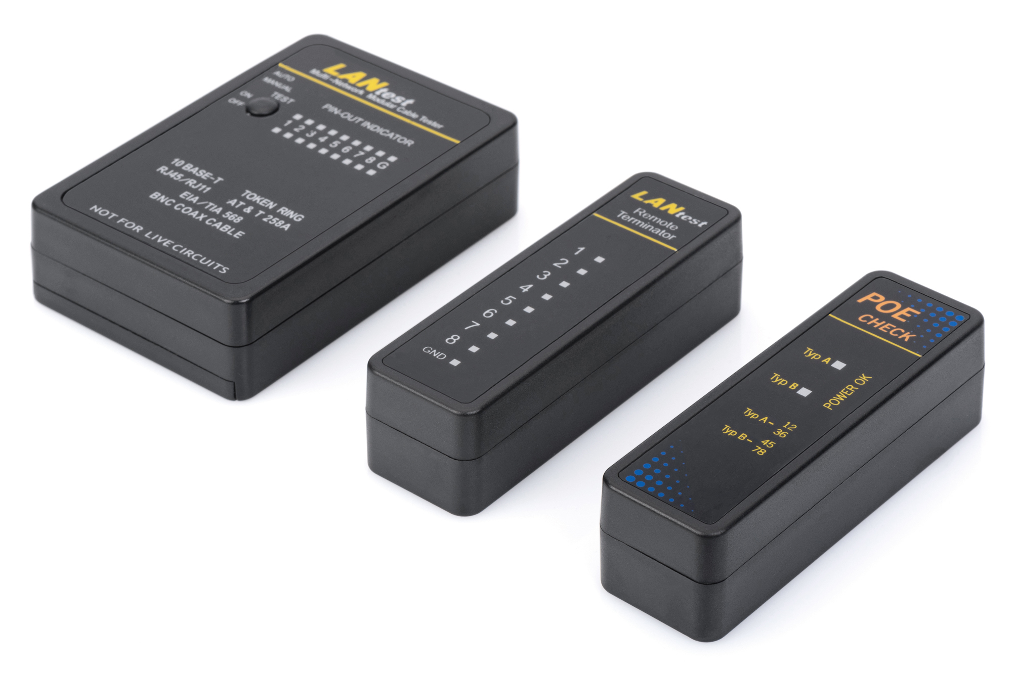 Digitus DN-14001-1 Tester cavo, rete RJ45, BNC Dispositivo principale, da remoto, tester PoE, con valigetta protettiva