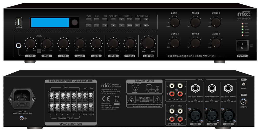 Amplificatore PA da 350W a 6 zone con USB/BT/FM-DAB+, mod. MK3506D+