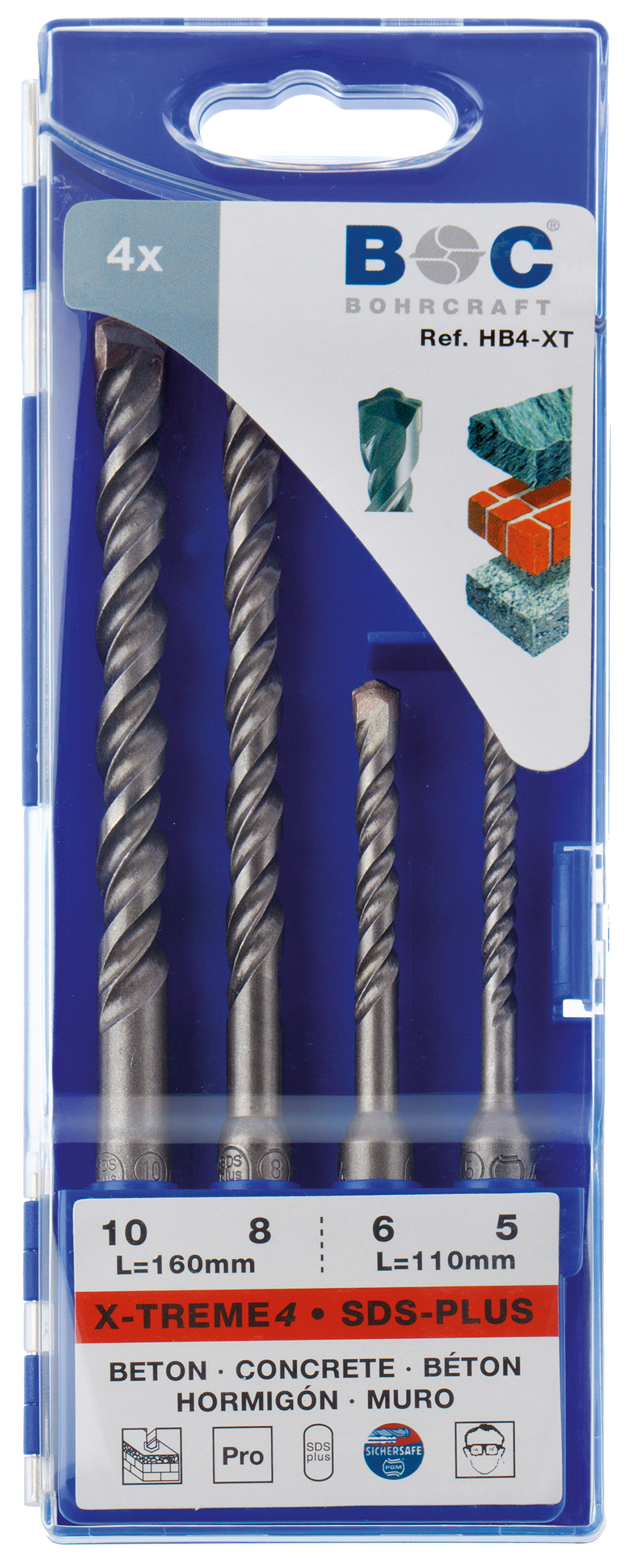 BOHRCRAFT 26101430004 Assortimento punte per martelli SDS-PLUS, 5/6x110 mm-8/10x160 mm, 4 pz. Cassetta plastica
