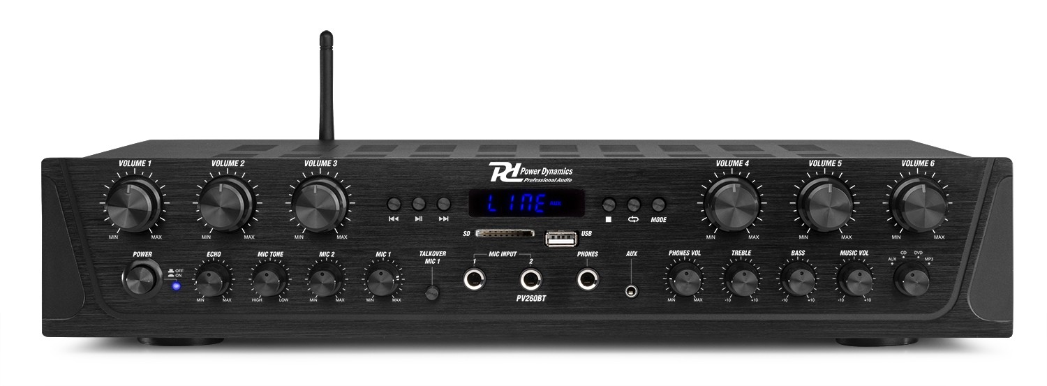 Amplificatore 4-8Ohm, 6 zone, potenza 600W con BT e USB PV260BT