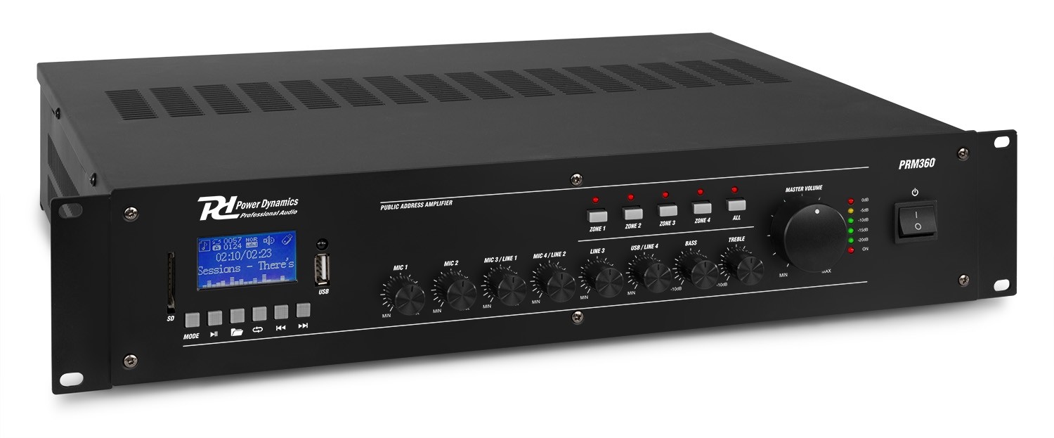 Amplificatore da 360W a 4 zone 100V/8Ohm BT/USB/SD, display LCD Mod. PRM360
