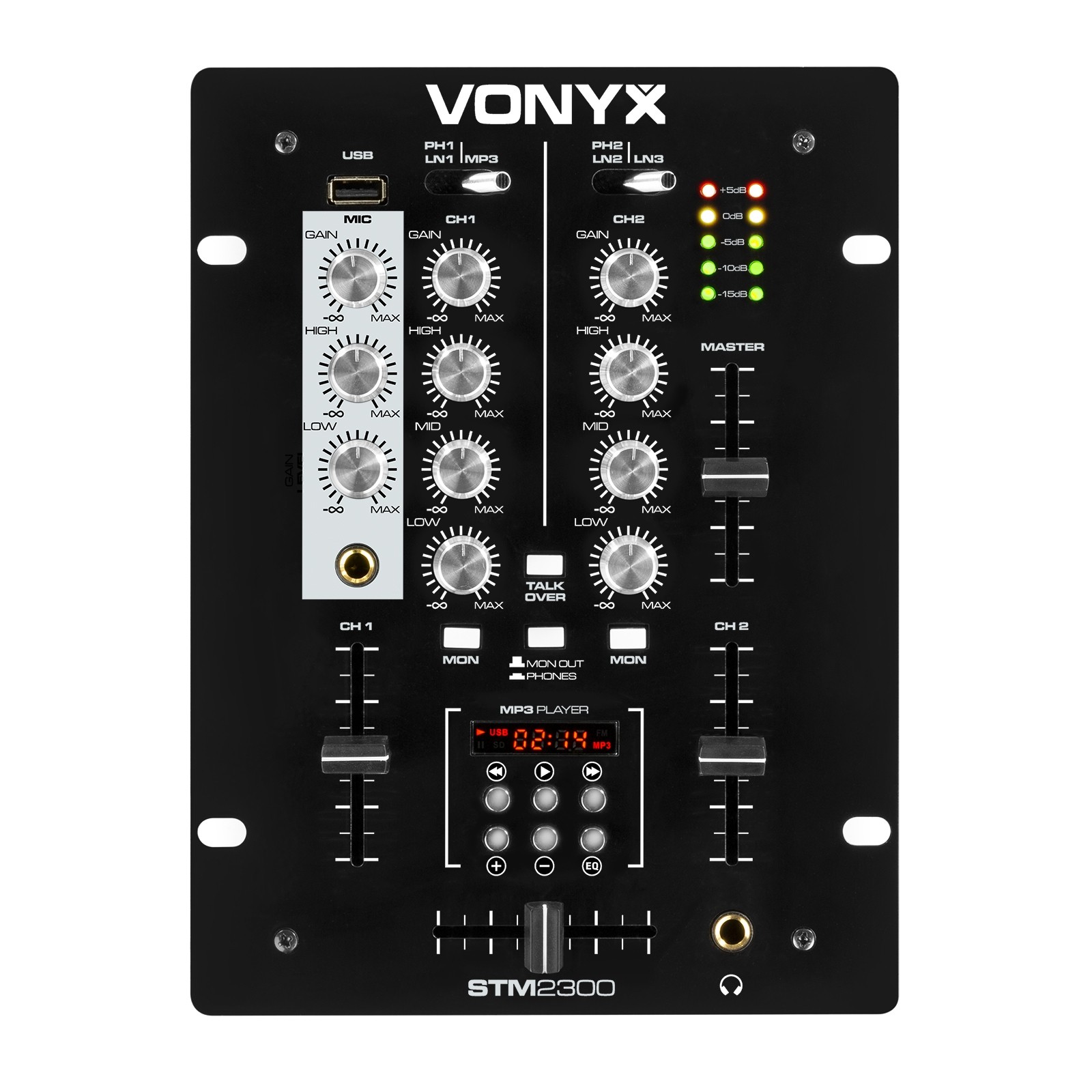 Mixer passivo 2 canali, con USB, Mod. STM-2300