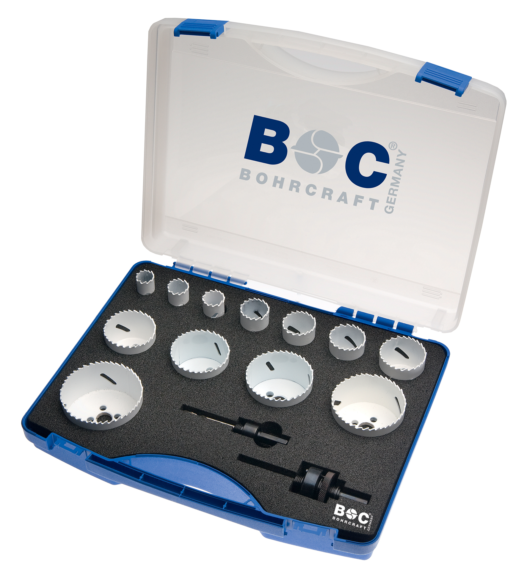 BOHRCRAFT 19011330009 Assortimento 9 seghe a tazza HSS-E Co8 19-64 mm + 2 attacchi per frese 14-30 + 32-210 mm, 11 pz