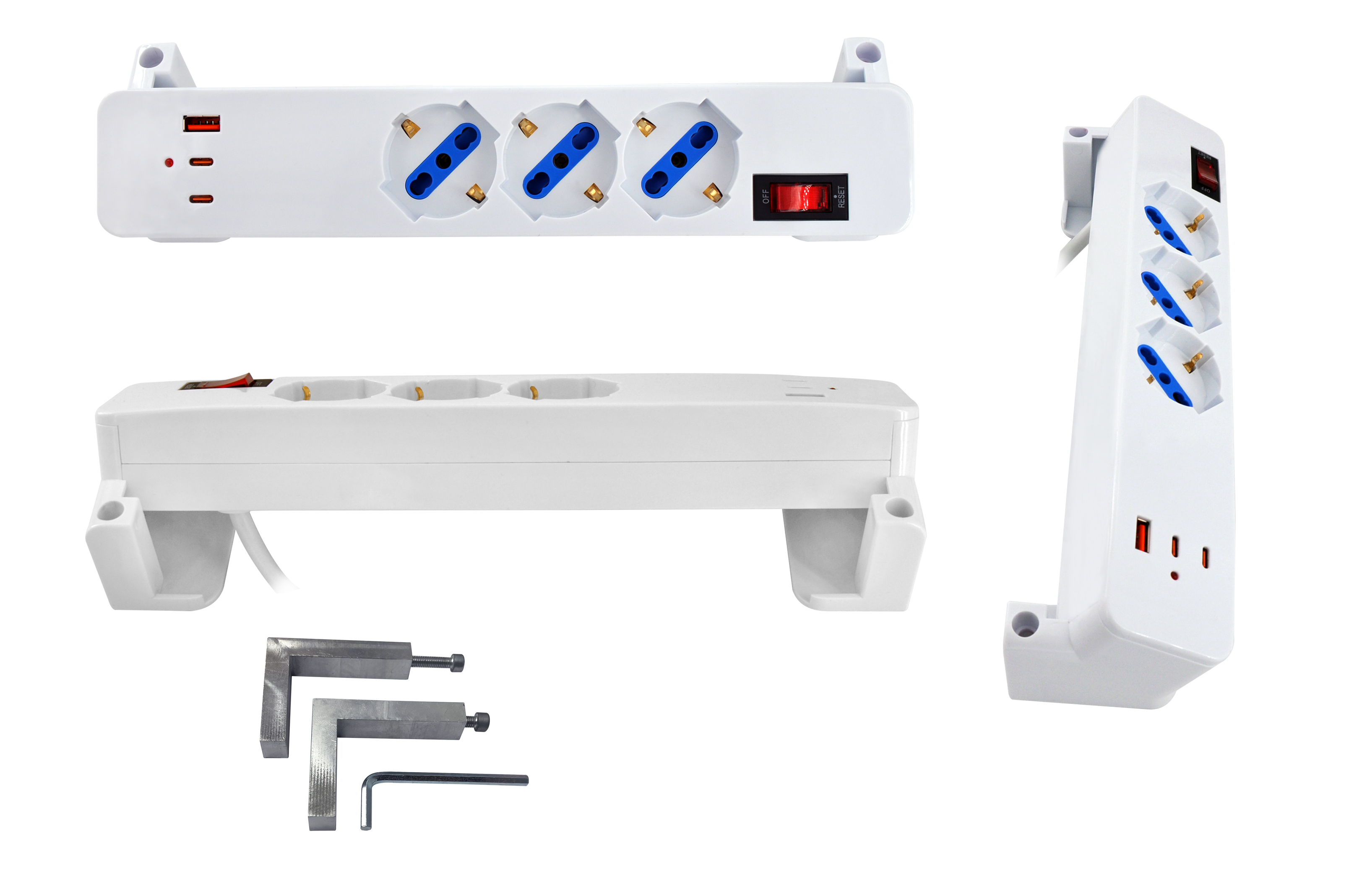 MK2608 - Multipresa bianca da scrivania con interruttore, 3 posizioni schuko bipasso + 2 USB-C fast charge e 1 USB-A, spina 90° 16A 2P+T, cavo 1,8mt
