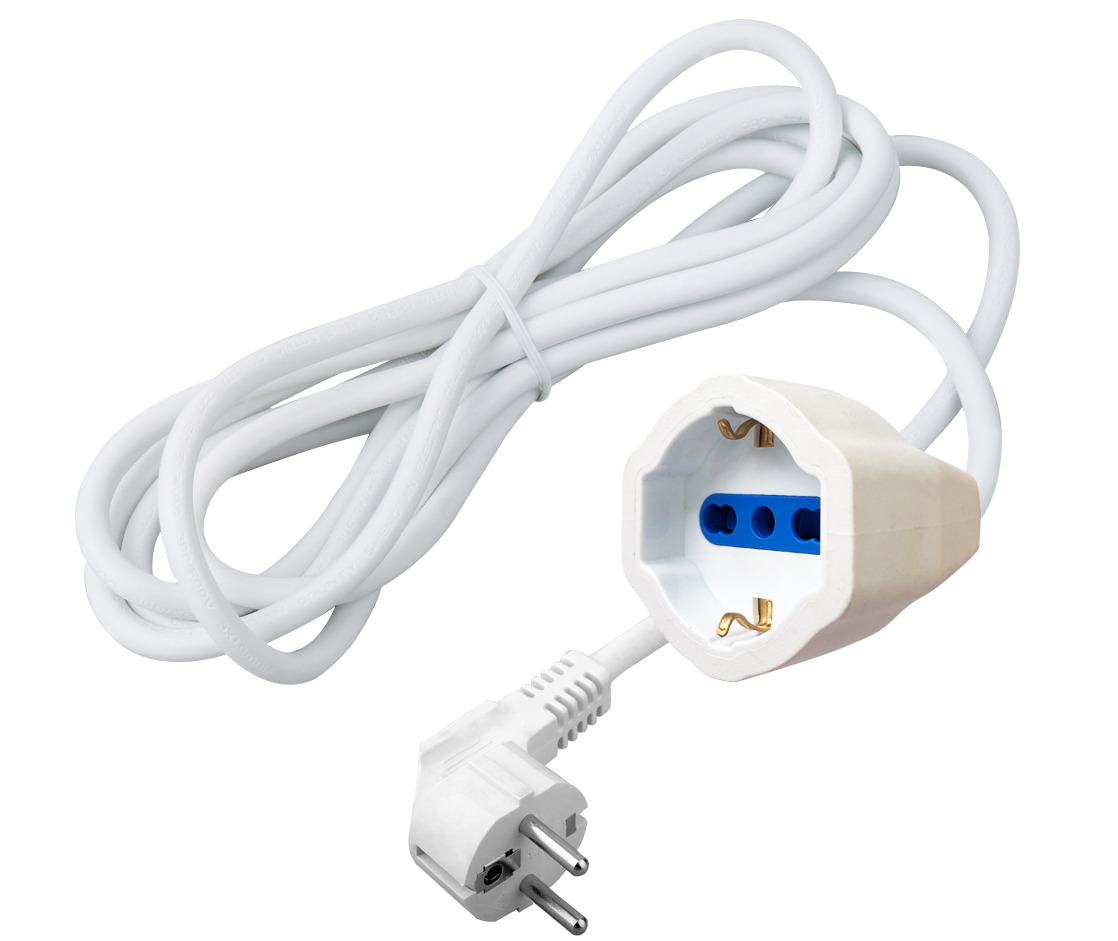 MK1124-5m - Prolunga elettrica bianca spina schuko salvaspazio 90° presa schuko bipasso 10/16A 5mt
