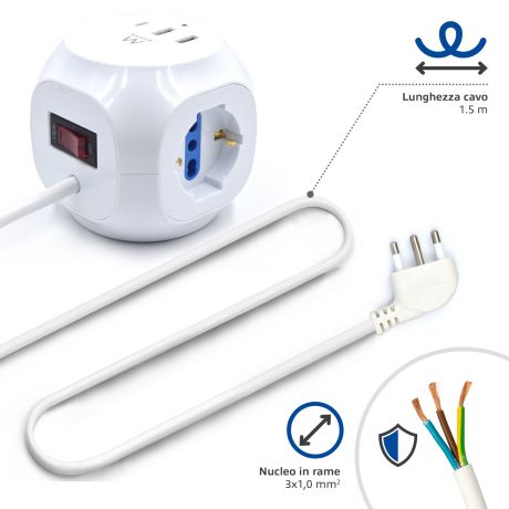 Multipresa Cube, 3 prese versione italiana da 16A, 1x USB-C PD, 2x USB-A max 20W, interruttore ON/OFF, cavo 1,5m EW3860
