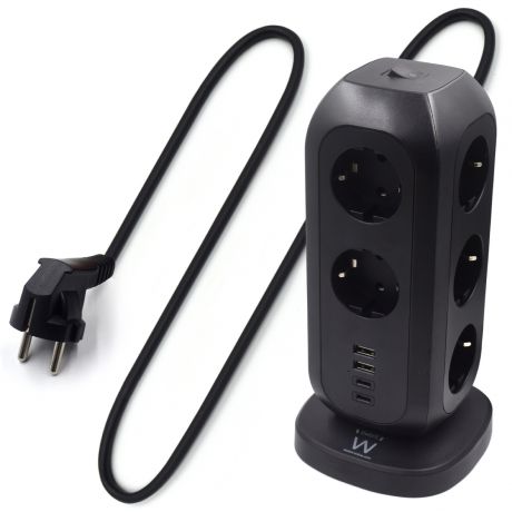 Ciabatta Tower 11 prese versione Schuko nera 16A da tavolo con 3 porte USB-A + 1 USB-C, cavo 2m EW3862