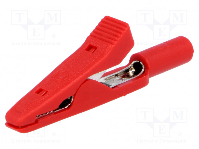 Pinza a coccodrillo rosso isolata per spina banana con diamentro 2mm