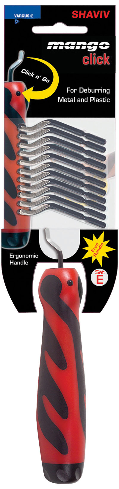 Set per sbavatura, manico MANGO E a sgancio rapido, con 12 lame E100