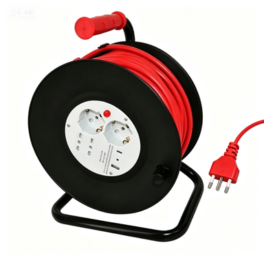 MK-AV 25m - Avvolgicavo 25mt con 2 prese bipasso 10/16A + 2 presa schuko bipasso 10/16A + 1 USB-A e 1 USB-C, con spina 16A 2P+T