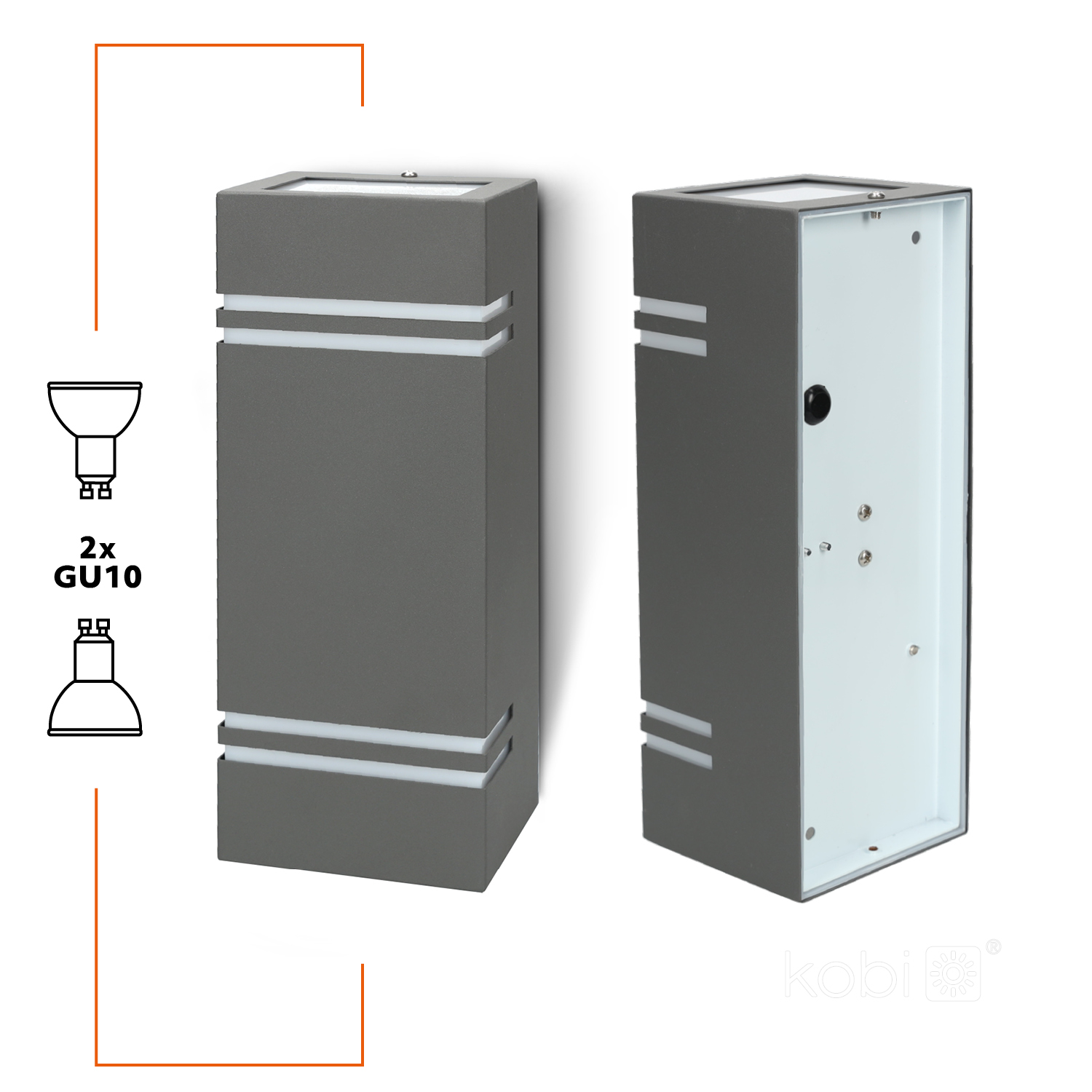 QUAZAR 7 - applique da esterno biemissione 2xGU10 IP44 grigia, KOBI