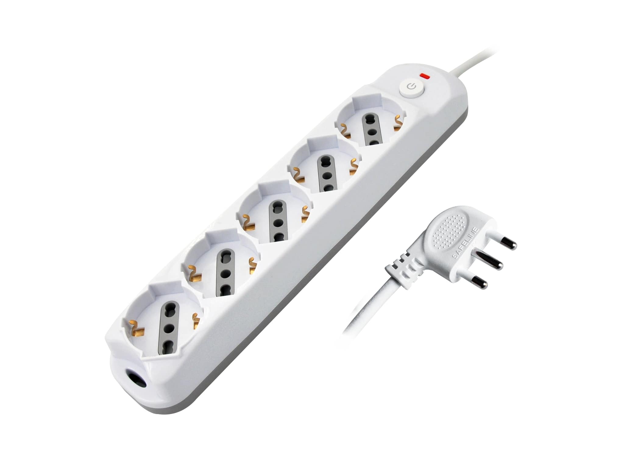 MK3525-3m - Multipresa bianca con pulsante, 5 posizioni schuko bipasso 10/16A, spina 16A 2P+T cavo 3mt