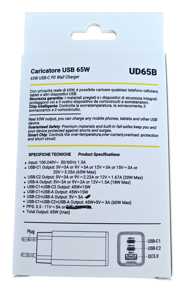 Caricabatterie USB GAN 65W PD 2 USB-C + 1 USB-A Nero