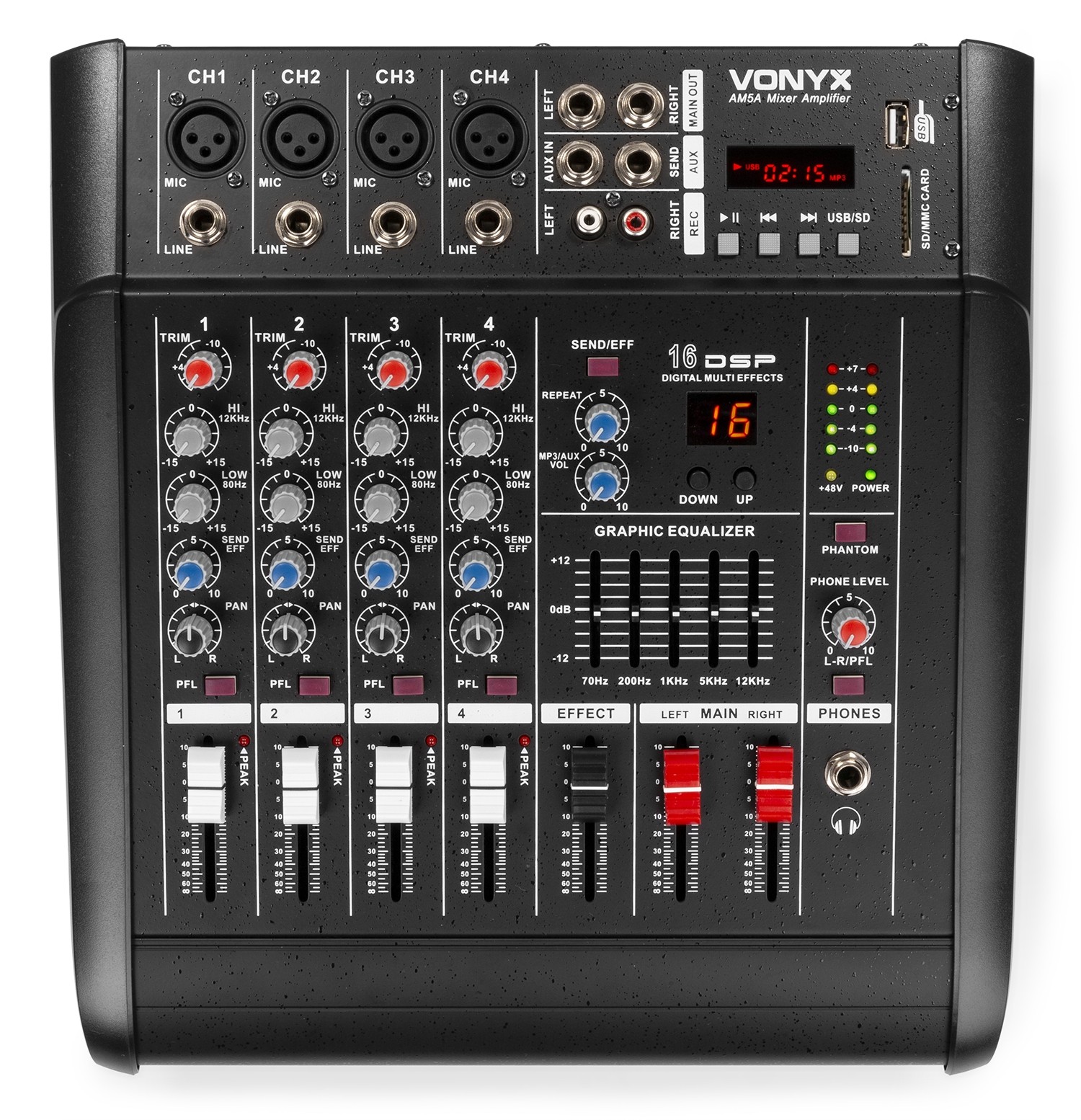 Mixer Audio a 5 canali con amplificatore e DSP / BT / SD / USB / MP3