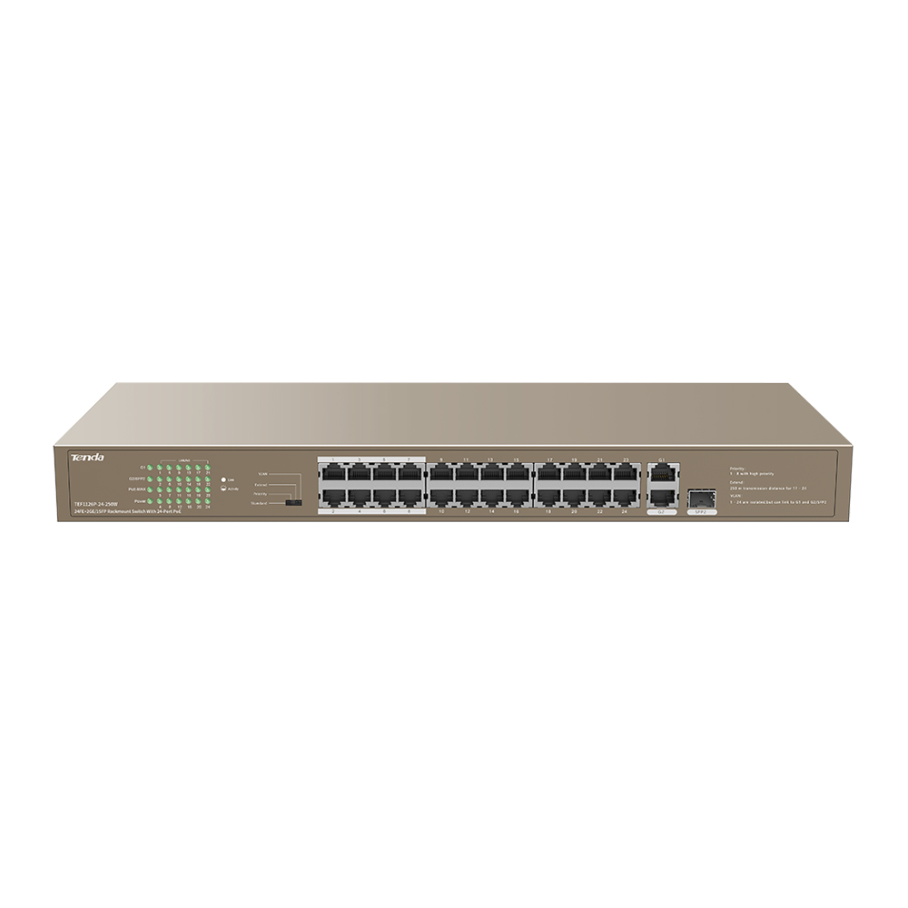 TEF1126P-24-250W - Switch 24FE+2GE/1SFP Rackmount con 24 Porte PoE