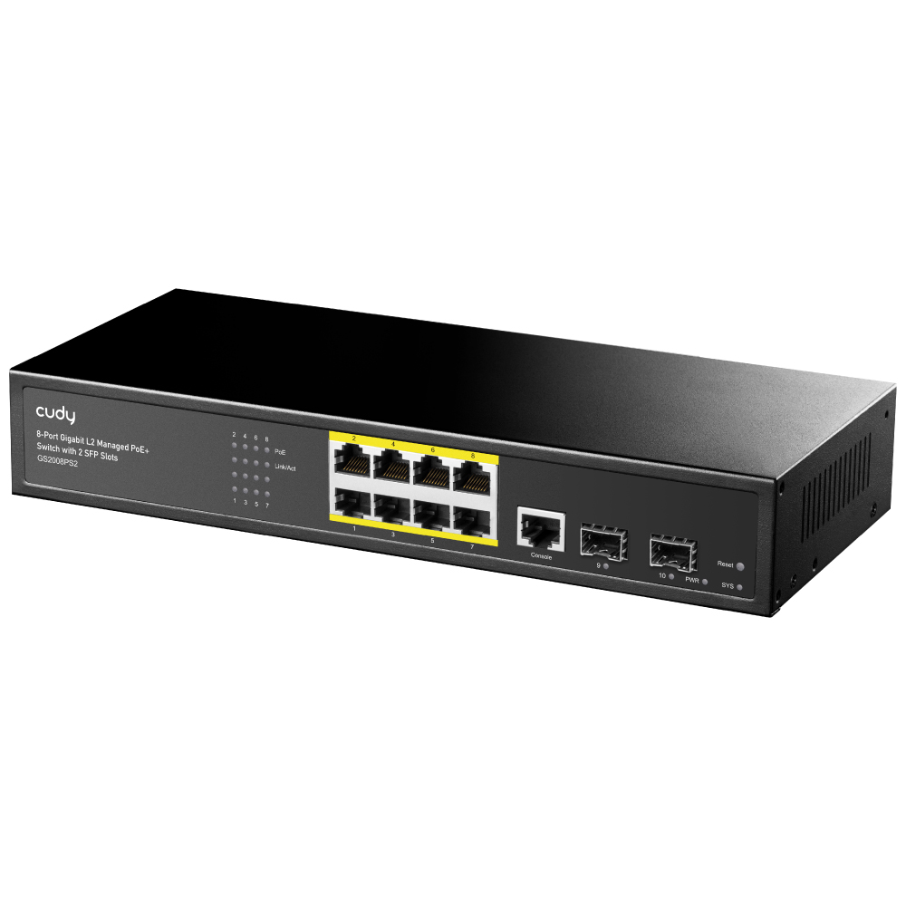 GS2008PS2 - 8-Port Layer 2 Managed Gigabit PoE+ Switch with 2 Gigabit SFP Slots, 120W