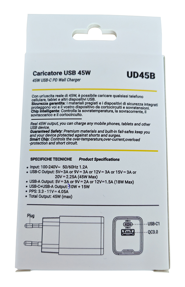 Caricabatterie USB GAN 45W PD 1 USB-C + 1 USB-A Nero