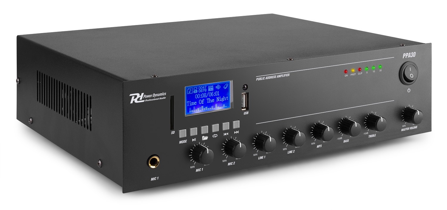 Amplificatore PA 30W 70-100V 8Ω 12V con USB/SD/BT PPA30