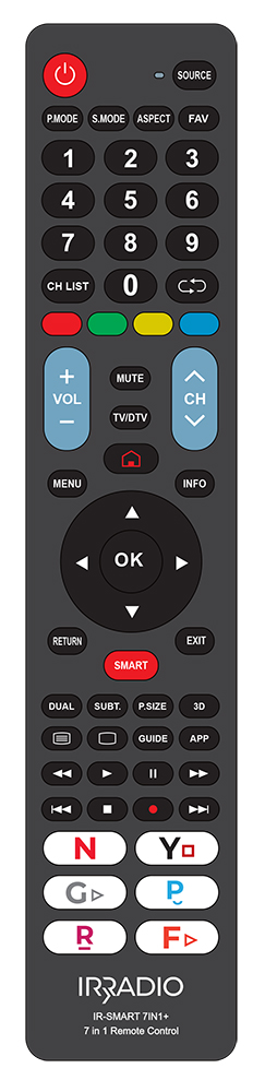 Telecomando dedicato 7 in 1 per TV LCD/LED SAMSUNG, LG, PHILIPS, SONY, PANASONIC, SHARP, TOSHIBA, Mod. IR-SMART 7IN1+