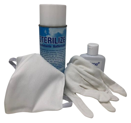 KIT ufficio 5 mascherine 5 paia guanti cotone 1 Gel mani 1 spray disinfettante