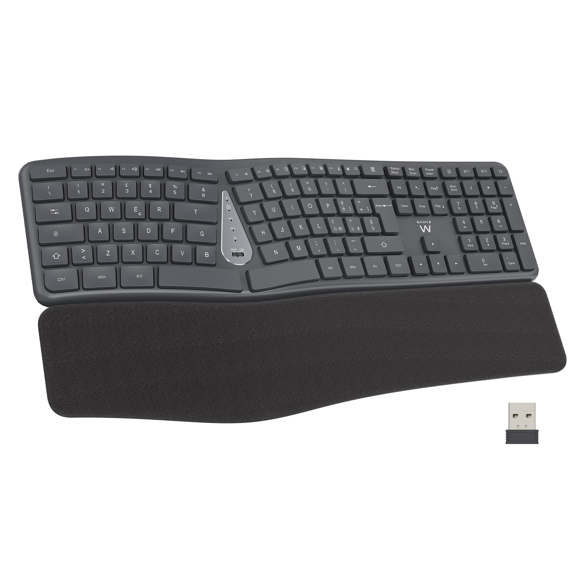 EW3288 - Tastiera ergonomica multimodale wireless 2,4 Hz Bluetooth BT1 5.0 + BT2 3.0 116+12 tasti multimediali Ricevitore USB-A Batteria al litio ricaricabile da 300 mAh Risparmio energetico 456x230x53,2 mm Nero Layout IT