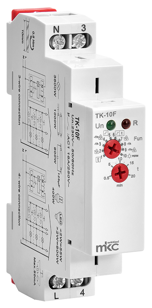 TK-10F - Temporizzatore elettronico luce scale Guida DIN 1 modulo, con 10 funzioni
