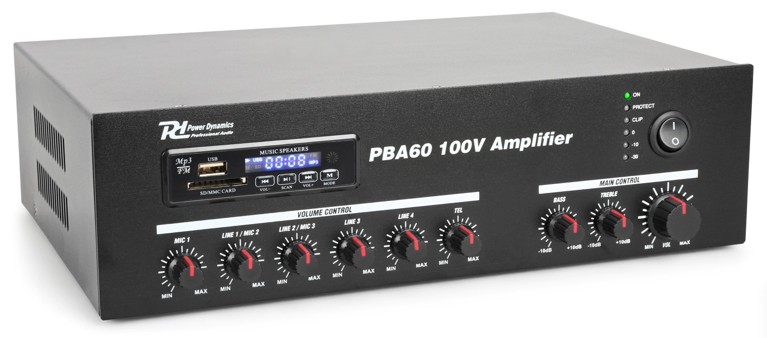 Amplificatore PA 60W 100V /4-16Ω con BT / FM / SD / USB / MP4 PBA60