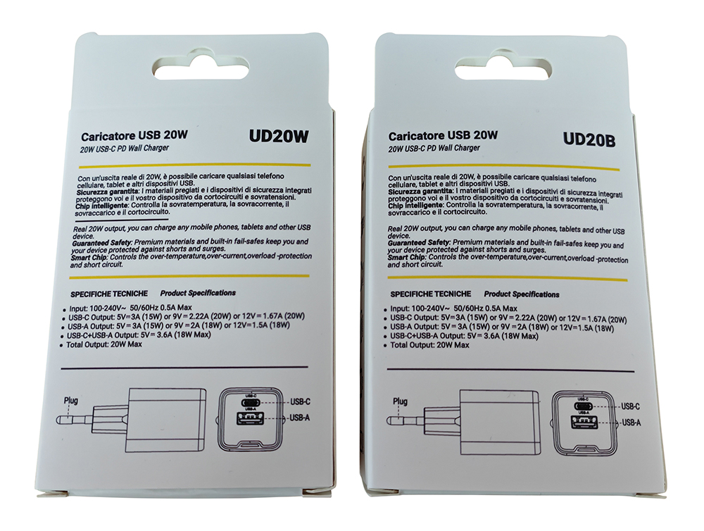 Caricabatterie USB GAN 20W PD 1 USB-C + 1 USB-A Nero